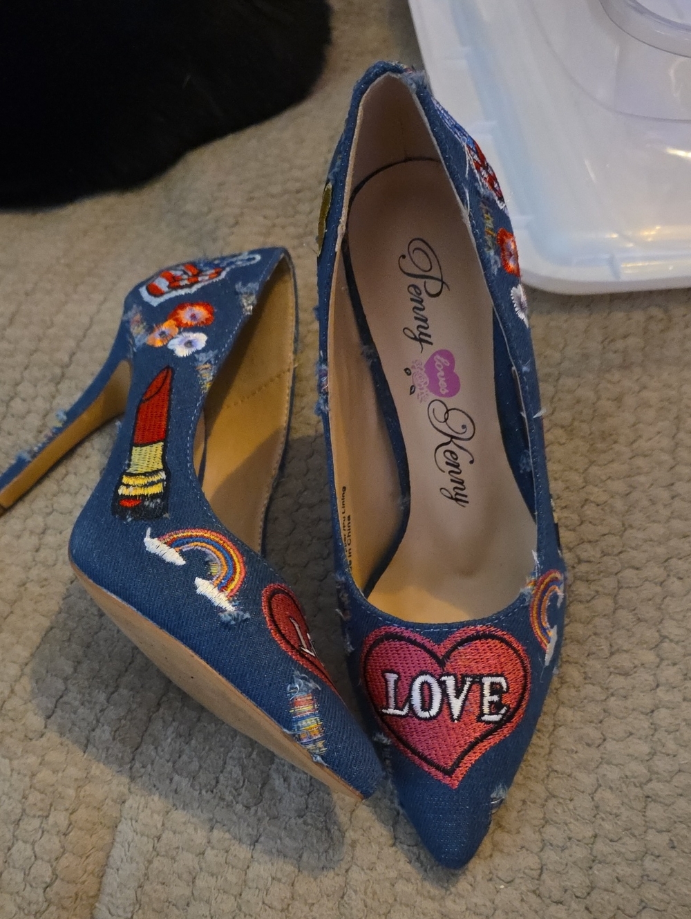 Never Worn. Penny Loves Kenny Blue Denim Embroidered Heart & Rainbow Pumps